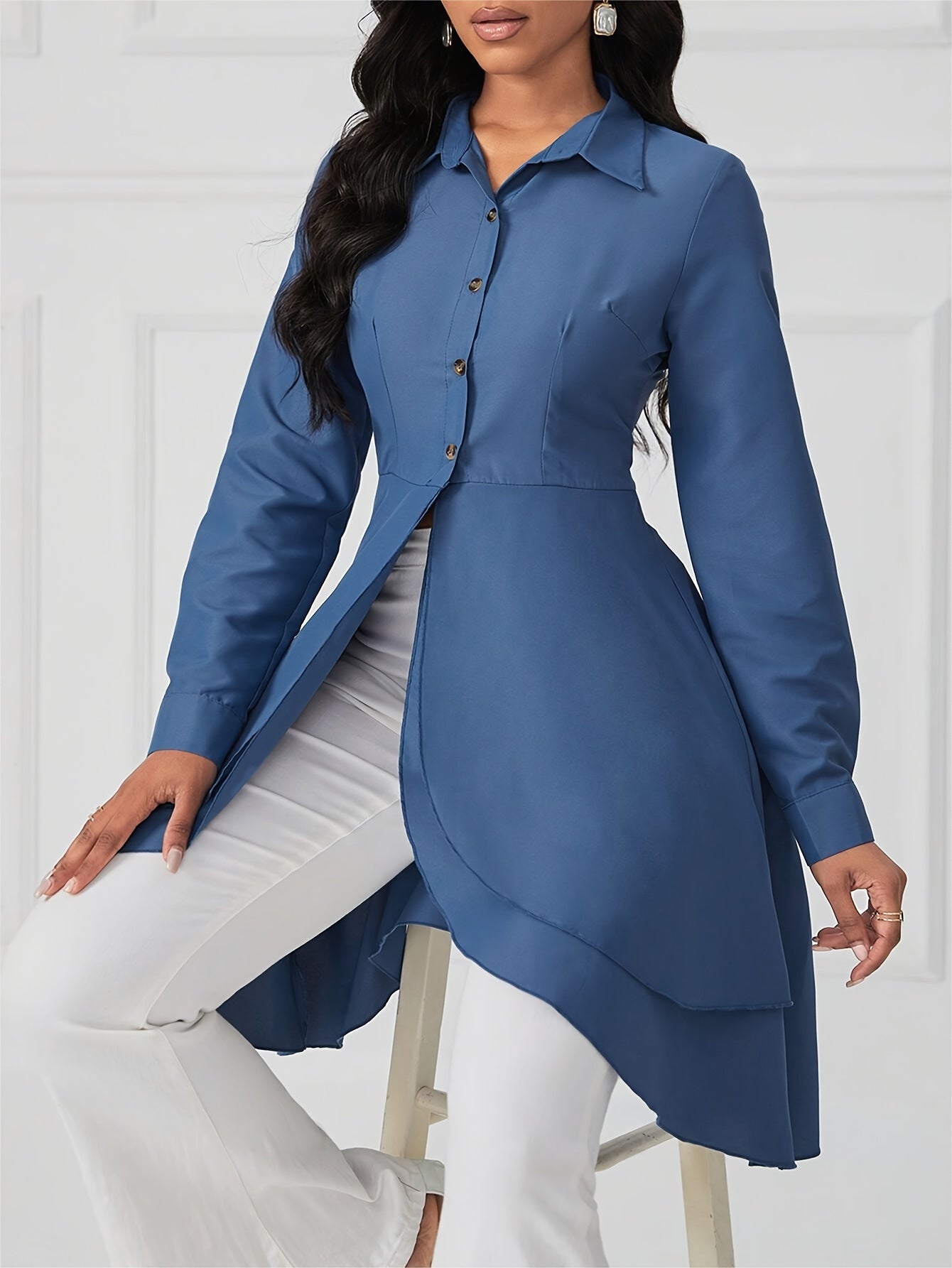 Elegant Solid Color Long Sleeve Shirt for Women - Button-Up, Non-Stretch Polyester Blend, Machine Washable, Elegant Special Project Style, ALL/Global/All